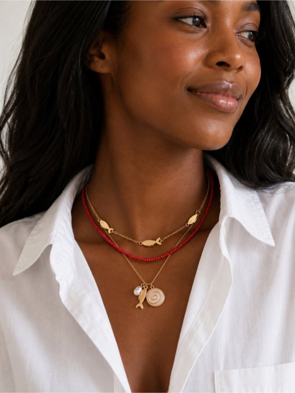 New! Coastal Red Beaded Gold Fish Necklace Stack Set NWOT